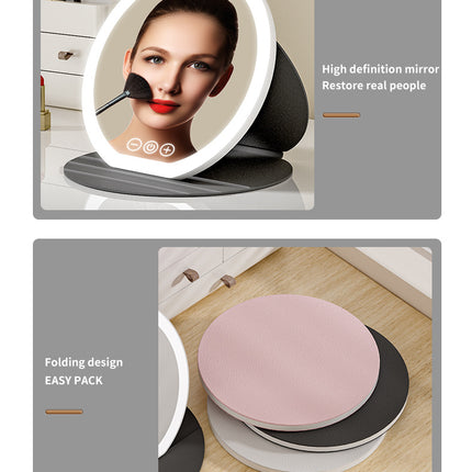 Black Small Round Foldable LED Makeup Mirror - 18.5cm Desktop Vanity with 3 Color Lights & Stepless Dimming