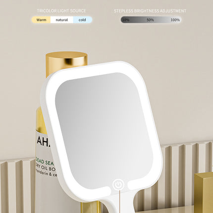 Light Yellow Round Portable Handheld LED Makeup Mirror - USB-C Rechargeable with 3 Color Light Modes for On-The-Go Touch-Ups