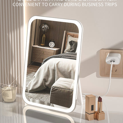 White Professional LED Vanity Mirror - 3 Color Lights, Stepless Dimming & Adjustable Rotating Stand, USB-C Rechargeable