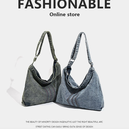 Blue Retro Washed Denim Hobo Bag - Large Capacity Shoulder & Crossbody Tote for Casual Everyday & Commute
