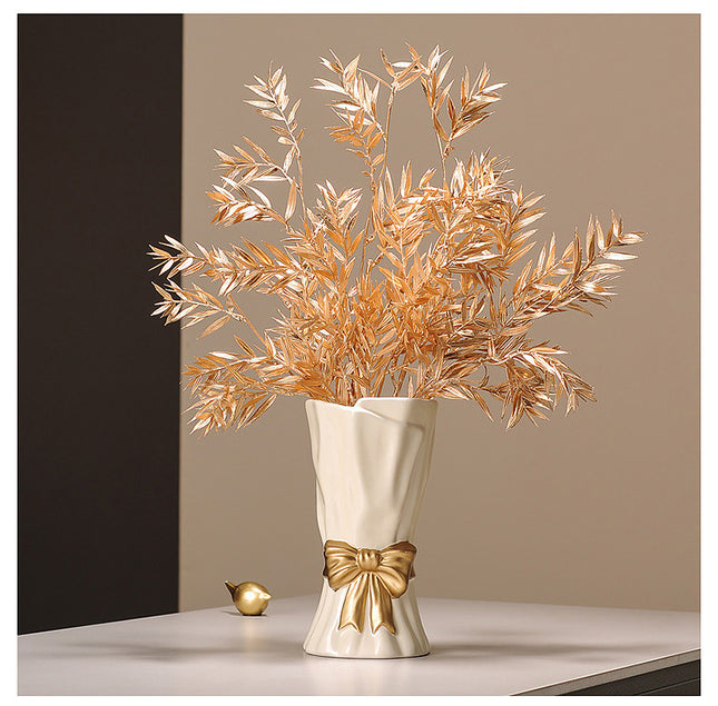 Beige Elegant Ceramic Vase with Golden Bow Accent – product detail