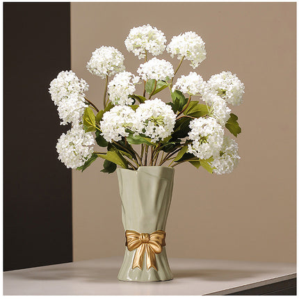 Beige Elegant Ceramic Vase with Golden Bow Accent - Textured Relief Flower Holder for Living Room & Dining Table Decor