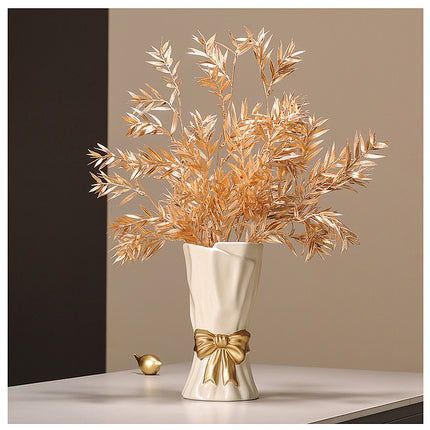 Green Elegant Ceramic Vase with Golden Bow Accent - Textured Relief Flower Holder for Living Room & Dining Table Decor