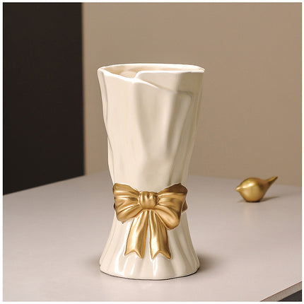 Green Elegant Ceramic Vase with Golden Bow Accent - Textured Relief Flower Holder for Living Room & Dining Table Decor