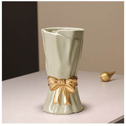 Green Elegant Ceramic Vase with Golden Bow Accent - Textured Relief Flower Holder for Living Room & Dining Table Decor