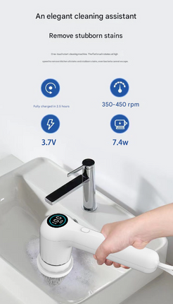 White Rechargeable Electric Spin Scrubber - Waterproof Power Cleaning Brush with 5 Heads & Digital Display for Bathroom, Kitchen & More
