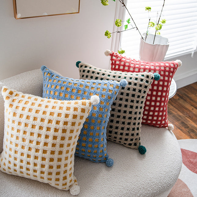 Blue and Yellow 3D Checkered Cushion Cover with Pom Poms – product detail