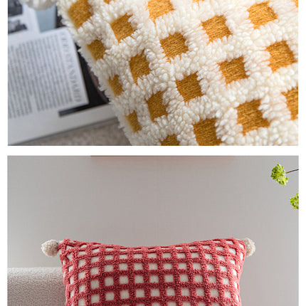 Beige and Green 3D Checkered Cushion Cover with Pom Poms - Soft Decorative Pillow Case for Sofa & Living Room (45x45cm, Cover Only)
