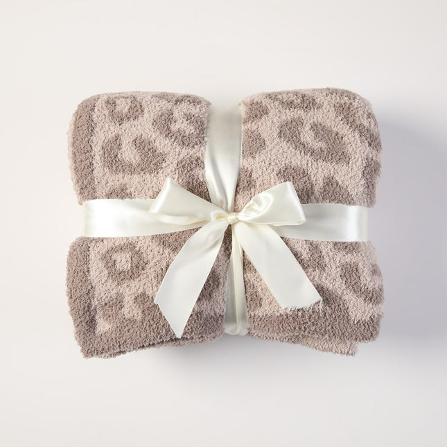 Beige and Khaki Luxurious Leopard Print Knit Throw Blanket