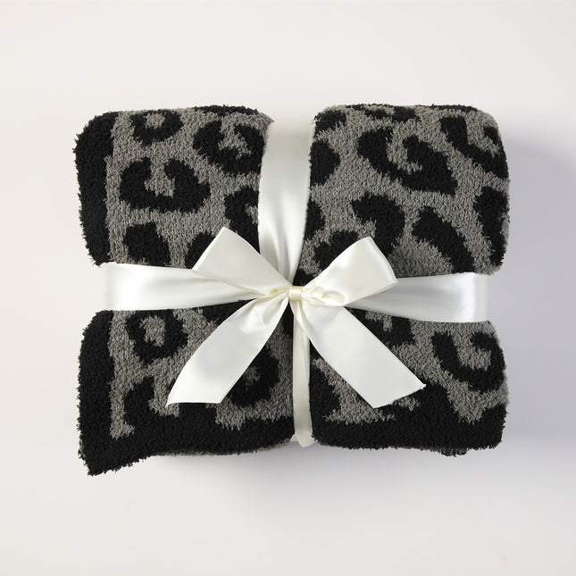 Grey and Black Luxurious Leopard Print Knit Throw Blanket