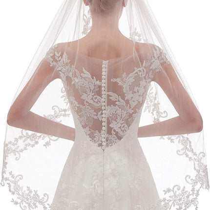 White Elegant Short Bridal Veil - Single Tier with Delicate Lace Applique Edge - Wedding Hair Accessory