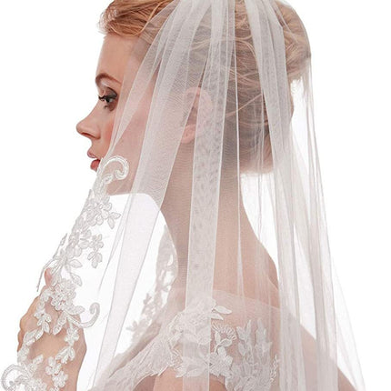 White Elegant Short Bridal Veil - Single Tier with Delicate Lace Applique Edge - Wedding Hair Accessory