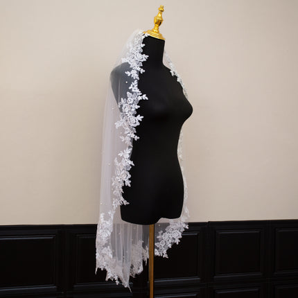 White Elegant Long Bridal Veil with Pearl Accents & Lace Edge - Includes Metal Comb