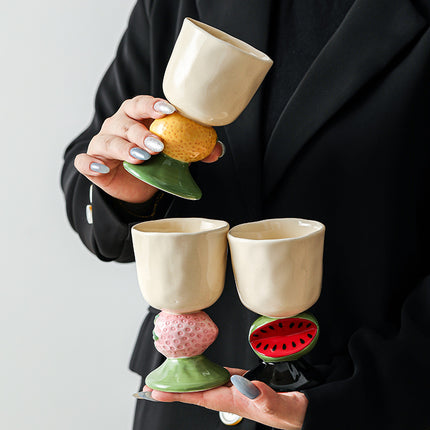 Pink Whimsical Strawberry Stem Ceramic Goblet - 150ml Hand-Painted Strawberry Design, Unique Coffee & Drinkware Gift with Box
