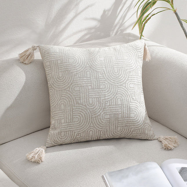 Beige Chic Geometric Jacquard Cushion Covers with Tassels