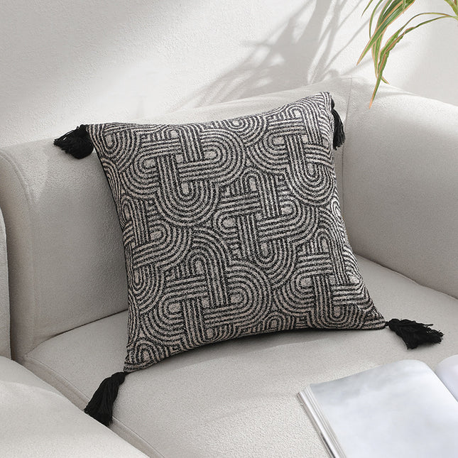 Black Chic Geometric Jacquard Cushion Covers with Tassels