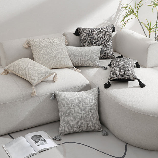 Black Chic Geometric Jacquard Cushion Covers with Tassels – product detail