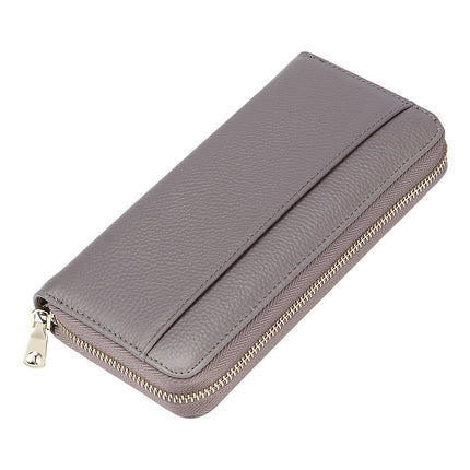 Grey Premium Genuine Leather RFID Blocking Long Wallet - Unisex Multi-Card Organizer Clutch with Zip-Around Closure