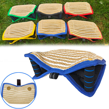 Blue and Khaki Heavy Duty Jute Dog Bite Pillow - Professional Training Tug Toy with 3 Handles for Schutzhund, K9, Agility & Bite Work