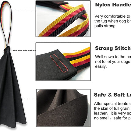 Brown Premium Full-Grain Leather Dog Training Tug - Interactive Bite Rag with Strong Loop Handle for Play & Drive Building