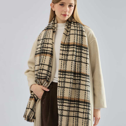 Black Chic Plaid Winter Scarf - Large Soft Polyester Shawl Wrap with Tassels, Korean Inspired Fashion