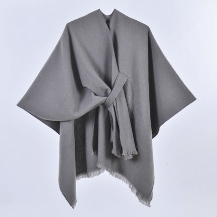 Grey Elegant Soft Knit Poncho Cape - Warm Autumn Winter Shawl Wrap with Side Tie, Thick & Luxurious Feel