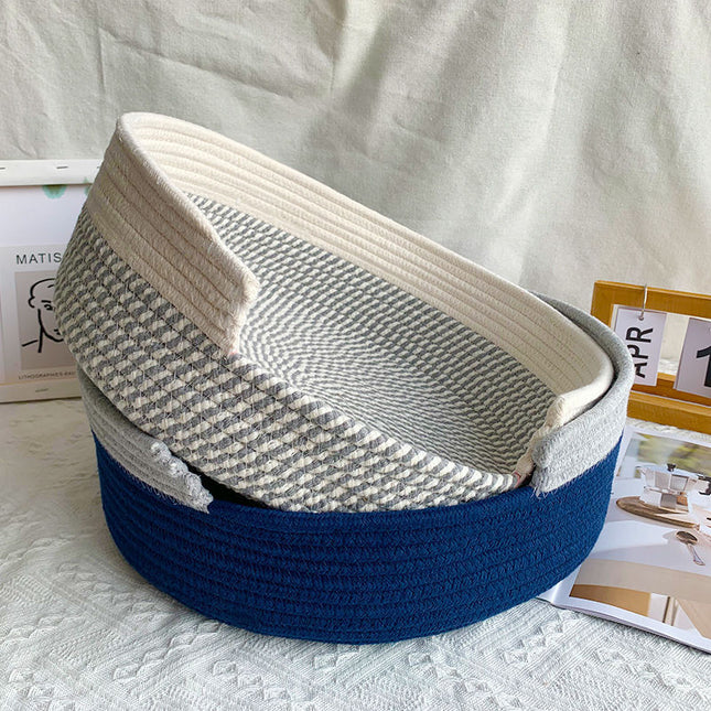 Blue and White Chic Two-Tone Woven Cotton Rope Cat Bed – product detail