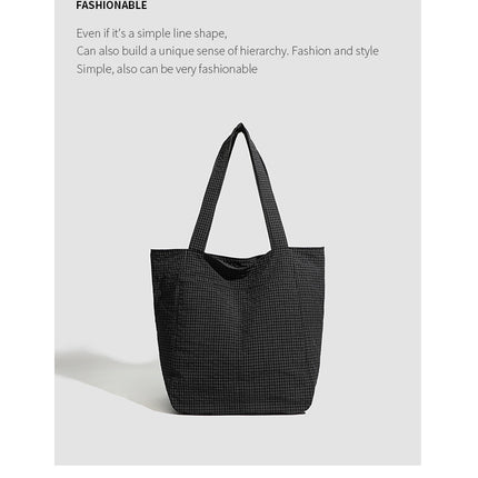 Black Stylish Lightweight Seersucker Gingham Tote Bag - Spacious Multi-Pocket Shoulder Bag with Zipper
