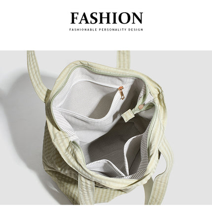 Black Stylish Lightweight Seersucker Gingham Tote Bag - Spacious Multi-Pocket Shoulder Bag with Zipper