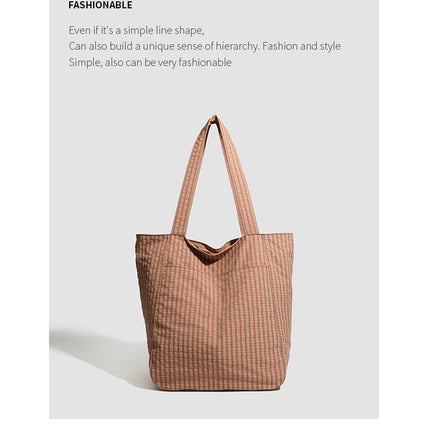 Brown Stylish Lightweight Seersucker Gingham Tote Bag - Spacious Multi-Pocket Shoulder Bag with Zipper