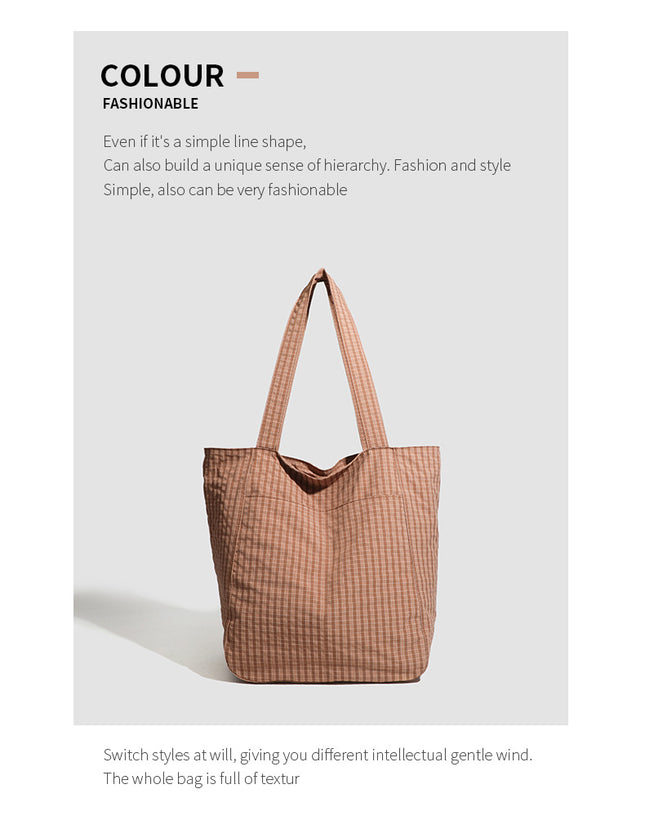 Brown Stylish Lightweight Seersucker Gingham Tote Bag – product detail