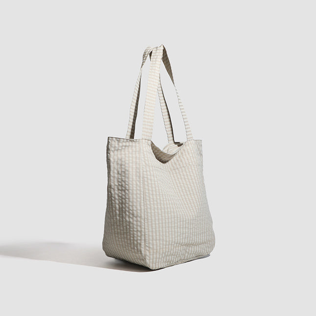 Beige Stylish Lightweight Seersucker Gingham Tote Bag