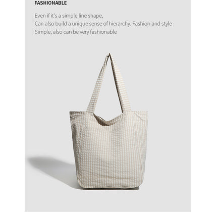 Beige Stylish Lightweight Seersucker Gingham Tote Bag - Spacious Multi-Pocket Shoulder Bag with Zipper