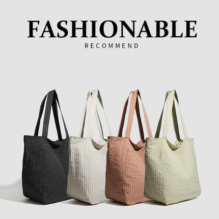 Beige Stylish Lightweight Seersucker Gingham Tote Bag - Spacious Multi-Pocket Shoulder Bag with Zipper