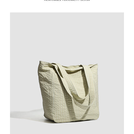 Beige Stylish Lightweight Seersucker Gingham Tote Bag - Spacious Multi-Pocket Shoulder Bag with Zipper