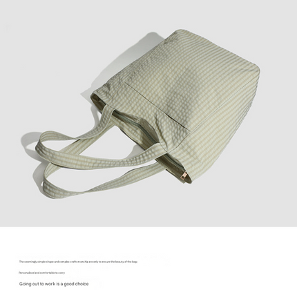 Beige Stylish Lightweight Seersucker Gingham Tote Bag - Spacious Multi-Pocket Shoulder Bag with Zipper