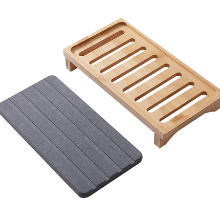 Dark Grey Natural Diatomaceous Earth Absorbent Drying Tray with Bamboo Base - Quick-Dry Stone Mat for Kitchen & Bathroom Sink
