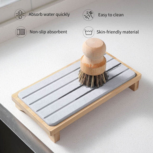 Light Grey Natural Diatomaceous Earth Absorbent Drying Tray with Bamboo Base – product detail