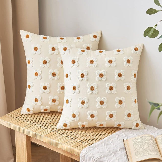 Beige and Khaki Charming 3D Daisy Embroidered Canvas Cushion Covers