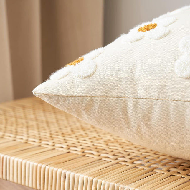 Beige and Khaki Charming 3D Daisy Embroidered Canvas Cushion Covers – product detail