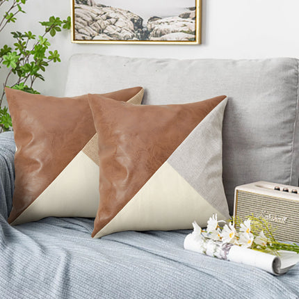 Khaki and Gray Modern Geometric Faux Leather & Cotton-Linen Cushion Covers - Set of 2, 45x45cm Decorative Pillowcases for Sofa & Car