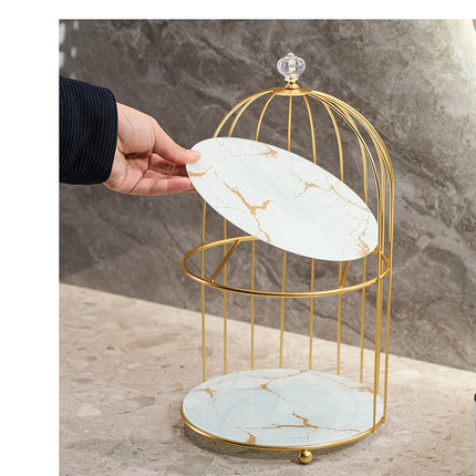 Gold and White Elegant 2-Tier Gold Birdcage Cosmetic Organizer - Wrought Iron Countertop Storage Rack for Skincare, Makeup & Jewelry