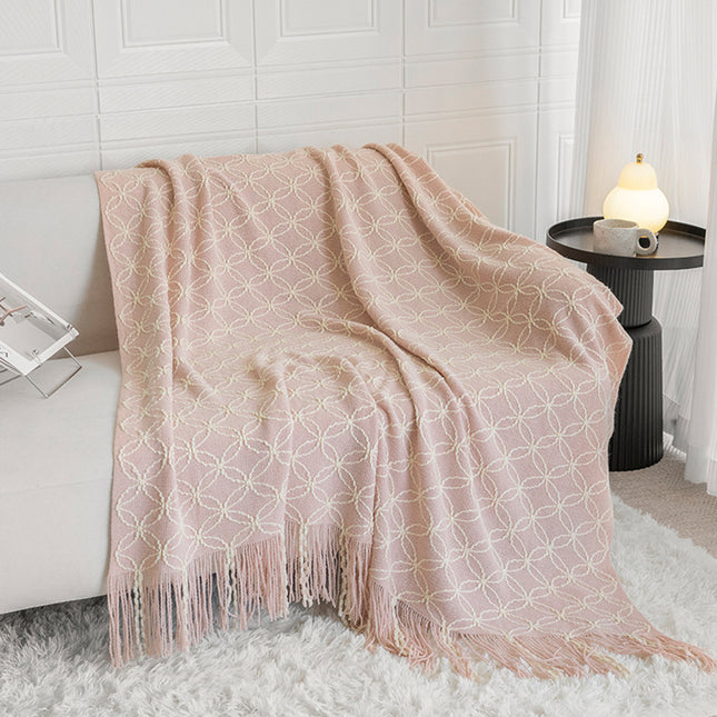 Pink Cozy Geometric Knitted Throw Blanket with Tassels