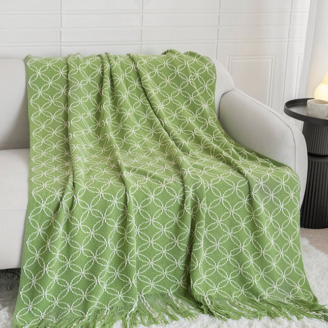 Light Green Cozy Geometric Knitted Throw Blanket with Tassels