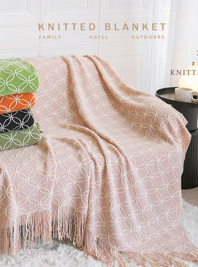 Light Green Cozy Geometric Knitted Throw Blanket with Tassels – product detail