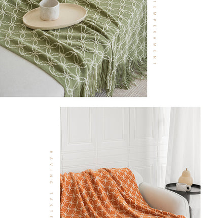 Light Green Cozy Geometric Knitted Throw Blanket with Tassels - Soft Acrylic Decorative Sofa & Bed Cover, 130x180cm