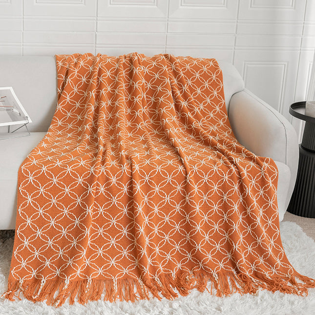 Orange Cozy Geometric Knitted Throw Blanket with Tassels
