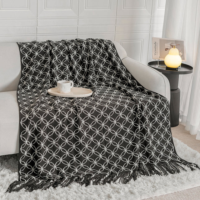 Black Cozy Geometric Knitted Throw Blanket with Tassels