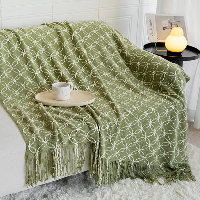 Dark Green Cozy Geometric Knitted Throw Blanket with Tassels