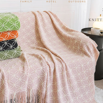 Dark Green Cozy Geometric Knitted Throw Blanket with Tassels - Soft Acrylic Decorative Sofa & Bed Cover, 130x180cm